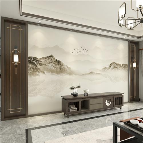 新中式淡雅意境水墨山水墙布电视背景墙壁纸客厅沙发影视墙纸壁画