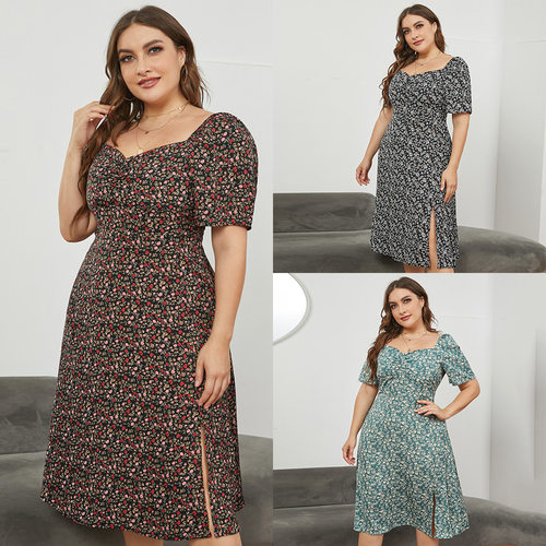 plus size floral dress summer 大码法式方领收腰开叉碎花连衣裙