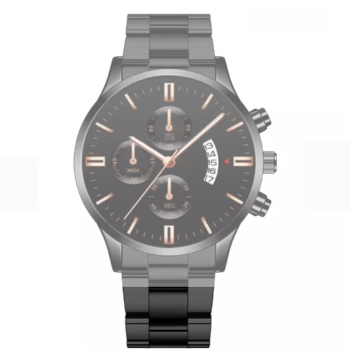 爆款日历钢带石英表男女商务男士手表三眼大表盘watch