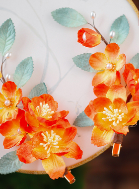 古风橙色仿绒花发夹国风手工对夹子汉服古装唐风花朵发饰百搭头花