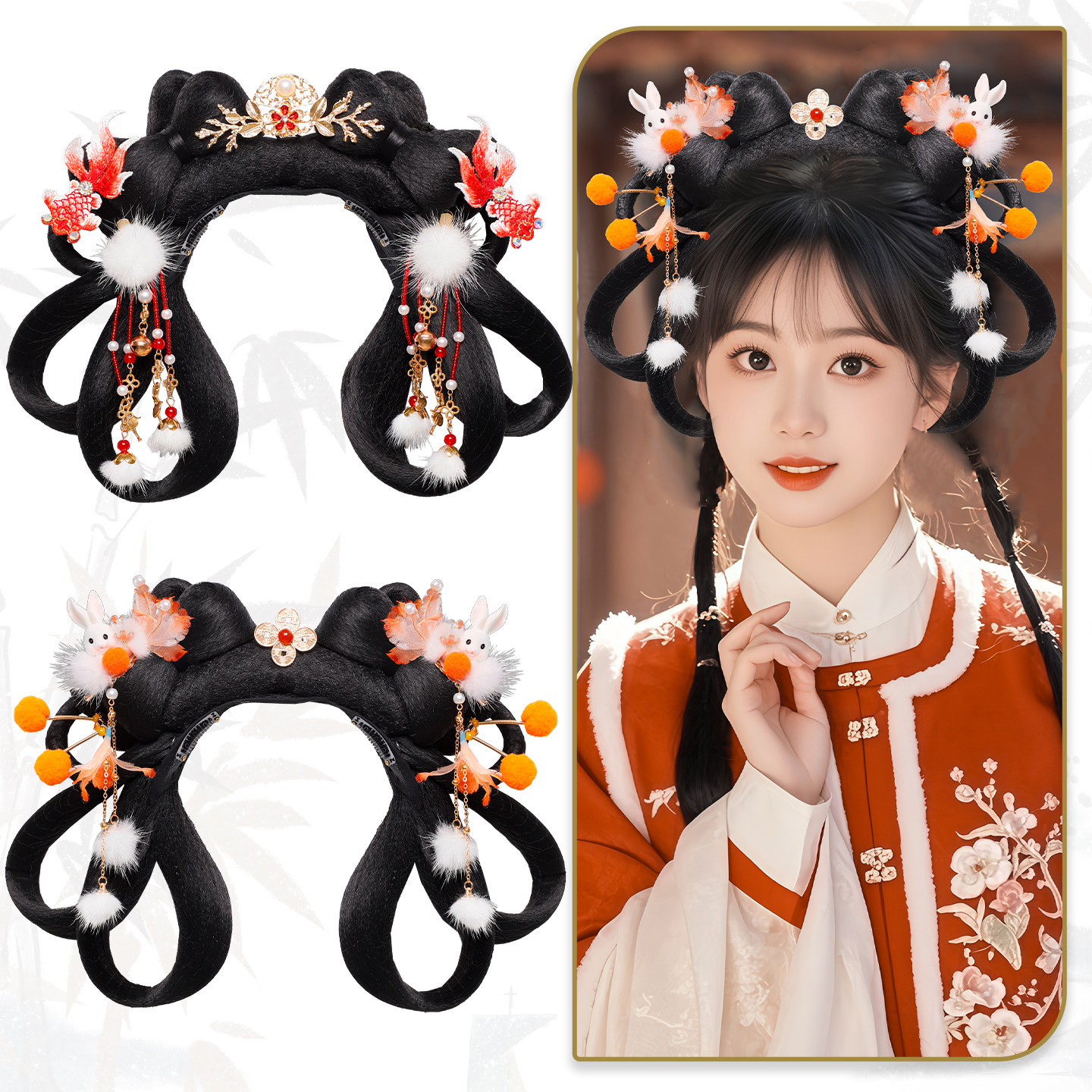 古风可爱少女发箍假发毛茸茸头饰套装古装演出发髻组合百搭发饰