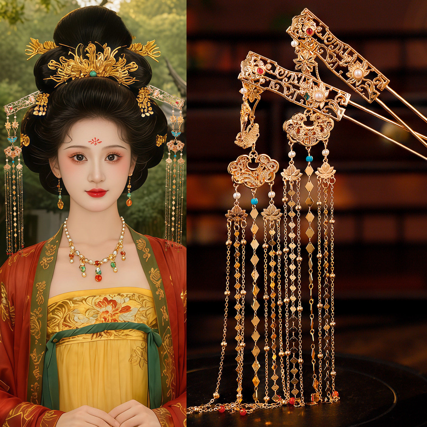 古风汉服金色莲花长流苏步摇发簪古装平安锁复古百搭宫廷发钗配饰