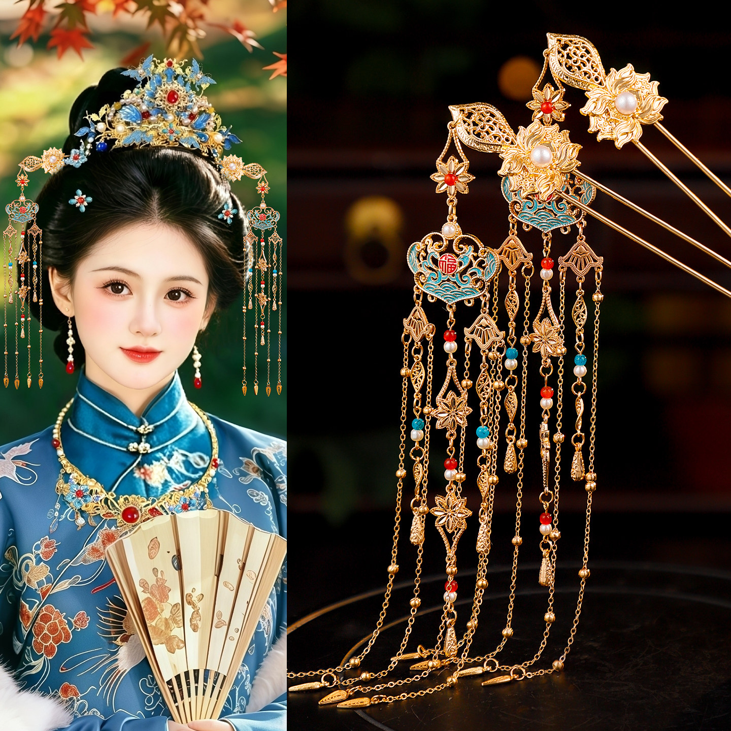 古风汉服仿烧蓝流苏发钗古典宫廷风步摇发簪复古合金华丽百搭配饰