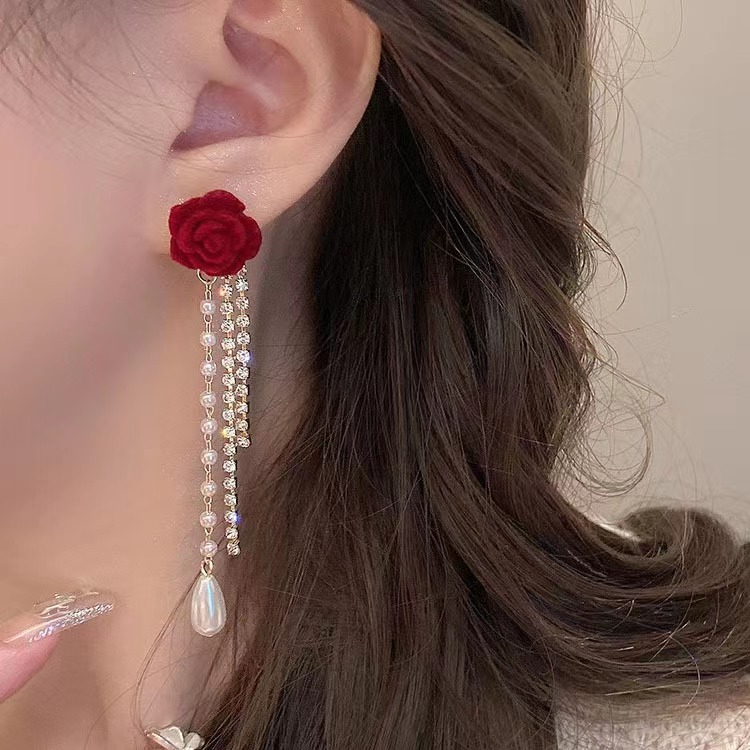 2023新款高级感山茶花流苏耳钉~红色丝绒长款耳环玫瑰珍珠耳饰