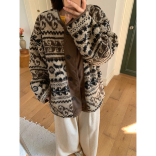 衣七家秋冬宽松美式复古拼接腰果花羊羔毛棉衣加厚棉服外套女外穿