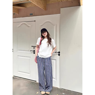 海岛泡泡纱慵懒松弛感宽松格子裤女夏季轻薄阔腿休闲裤子长裤新款