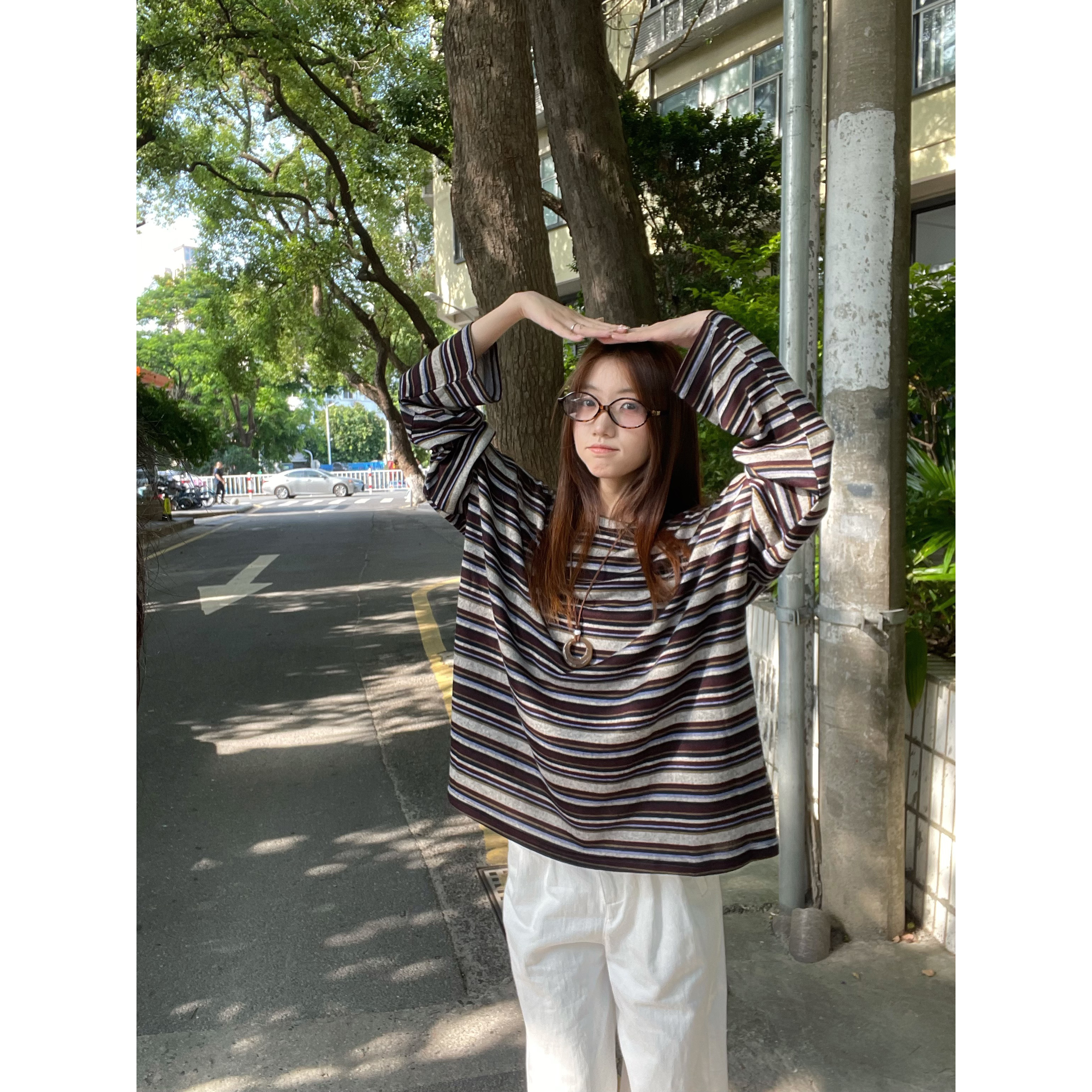 条纹针织长袖T恤女秋冬季圆领