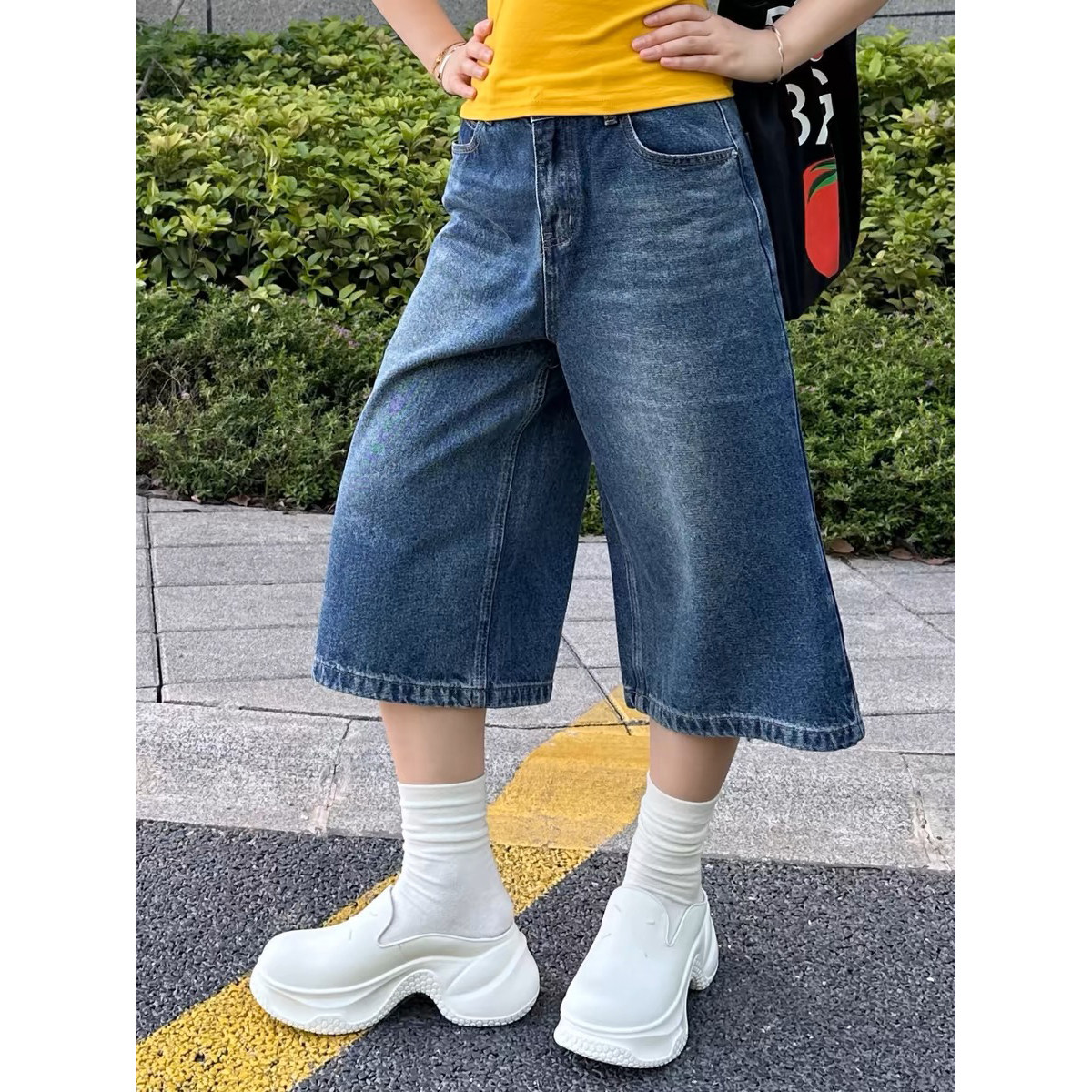 衣七家 复古蓝牛仔裤女七分裤夏季美式阔腿八分裤直筒7分中裤裤子