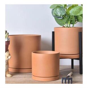 红陶花盆圆柱形带托盘多肉绿萝简约鲜栽仙人掌陶瓷泥瓦盆透气吸水