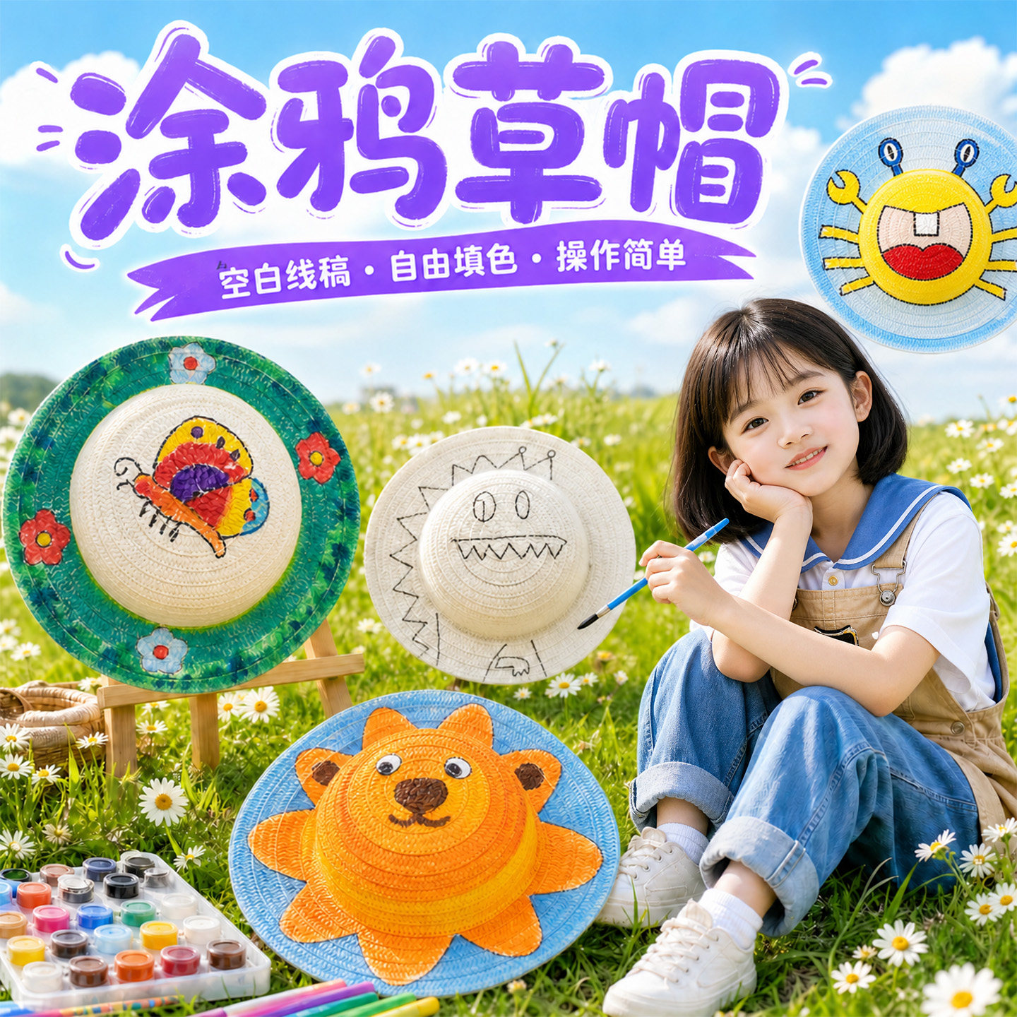 儿童绘画涂鸦草帽DIY手工材料包幼儿园涂色彩绘创意帽子亲子活动图片