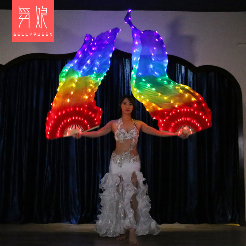 速发肚皮发扇子 配饰发白光真丝扇子舞蹈表出演演莹光道具舞长扇