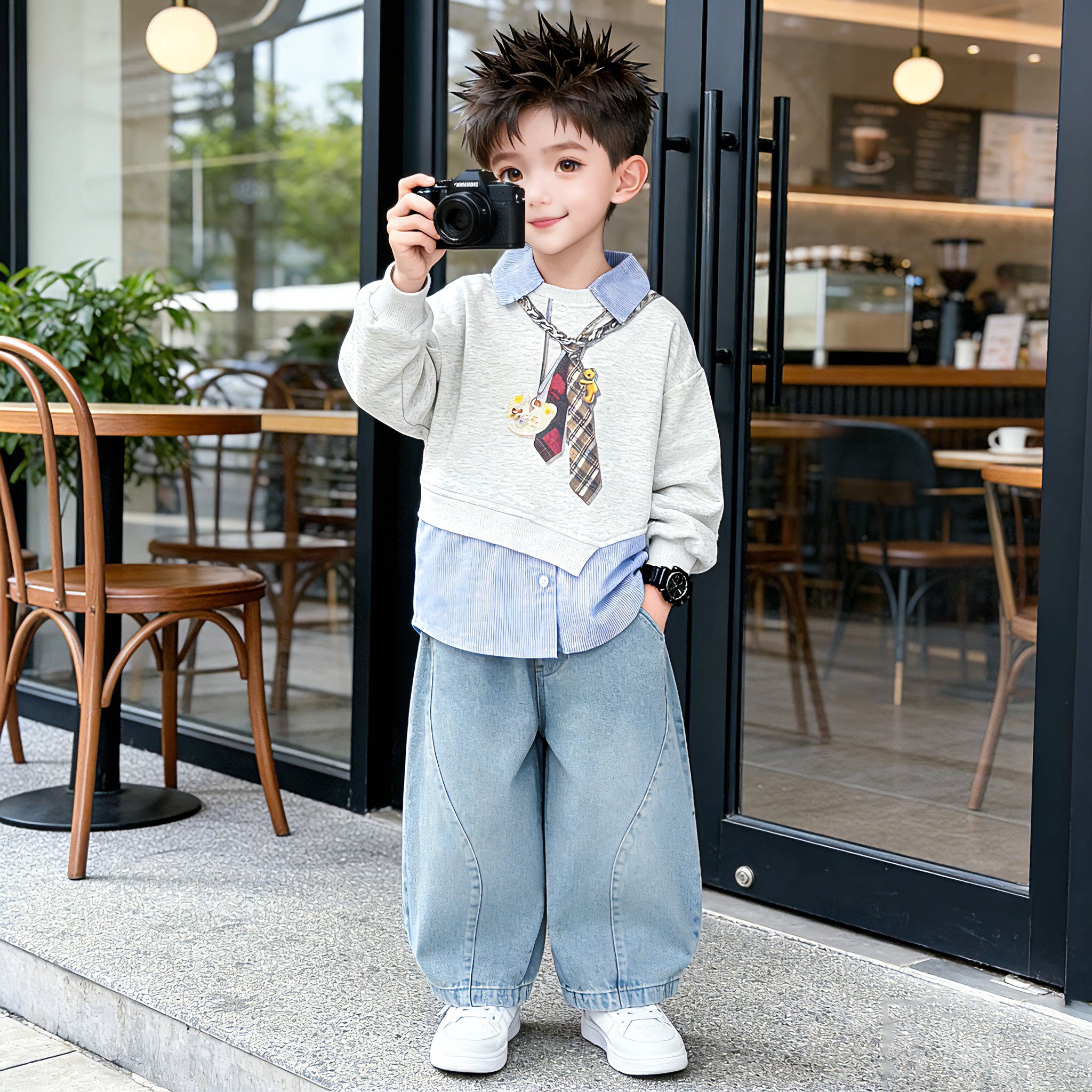男童套装春季韩版假两件卫衣休闲痞帅牛仔长裤两件套潮儿童2件套