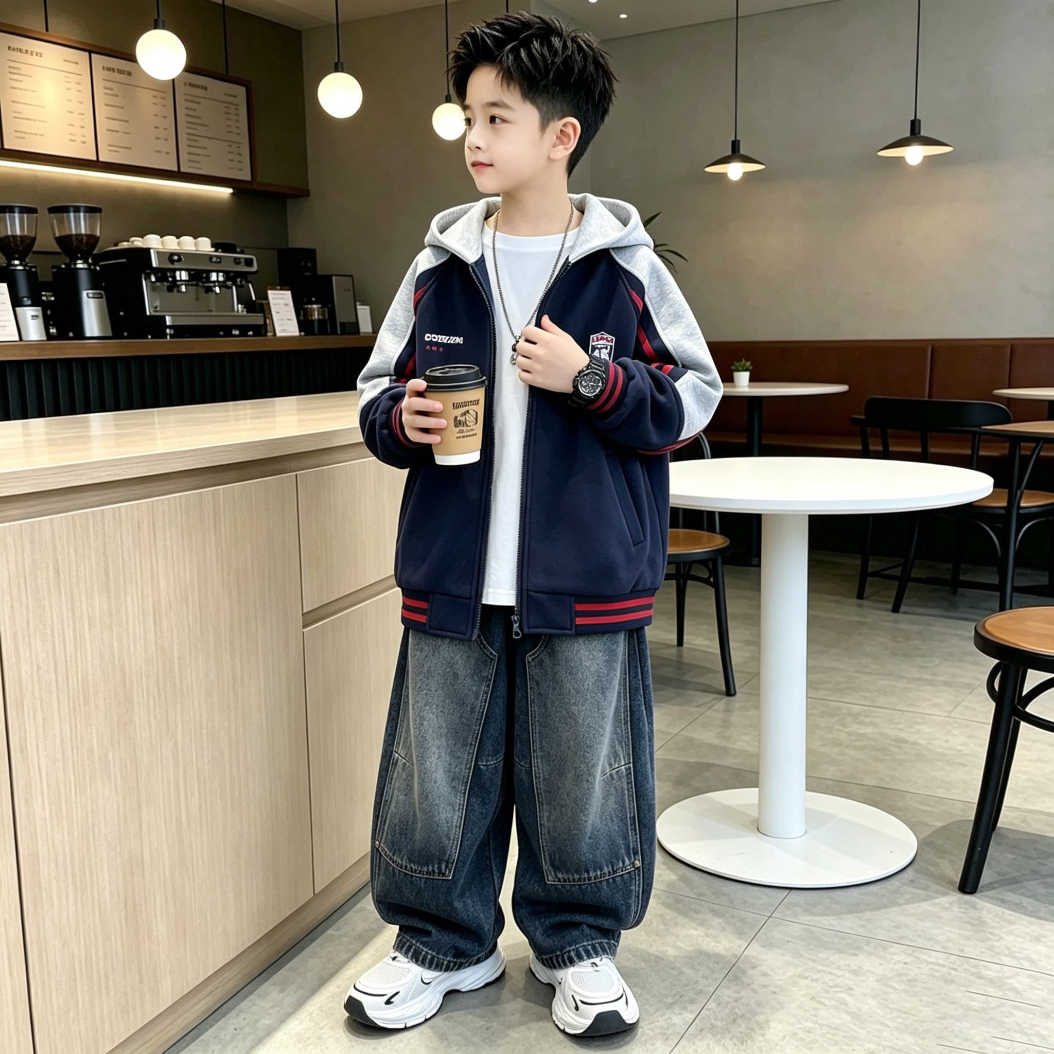 男童外套牛仔裤套装大童连帽拉链卫衣外套裤子两件套洋气棒球服图片