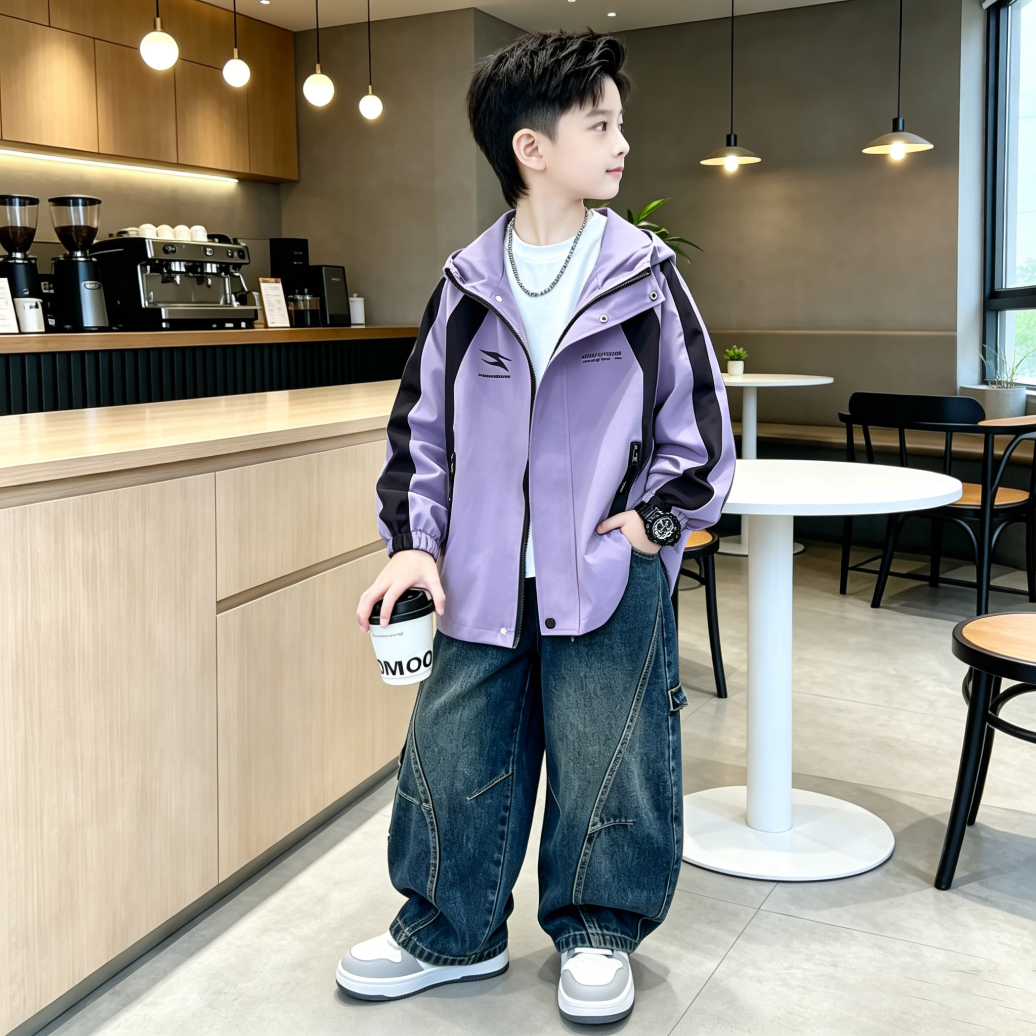 男童春秋撞色连帽外套牛仔裤套装儿童新款帅气大童百搭风衣两件套