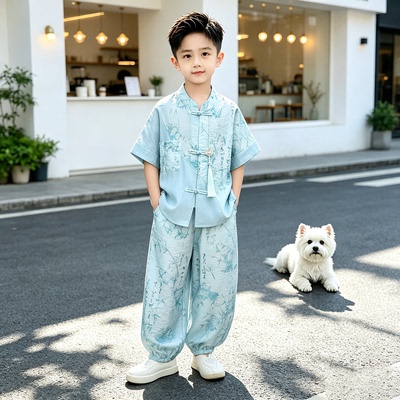 新中式风男童夏季汉服套装儿童中国风竹子唐装短袖表演服两件套
