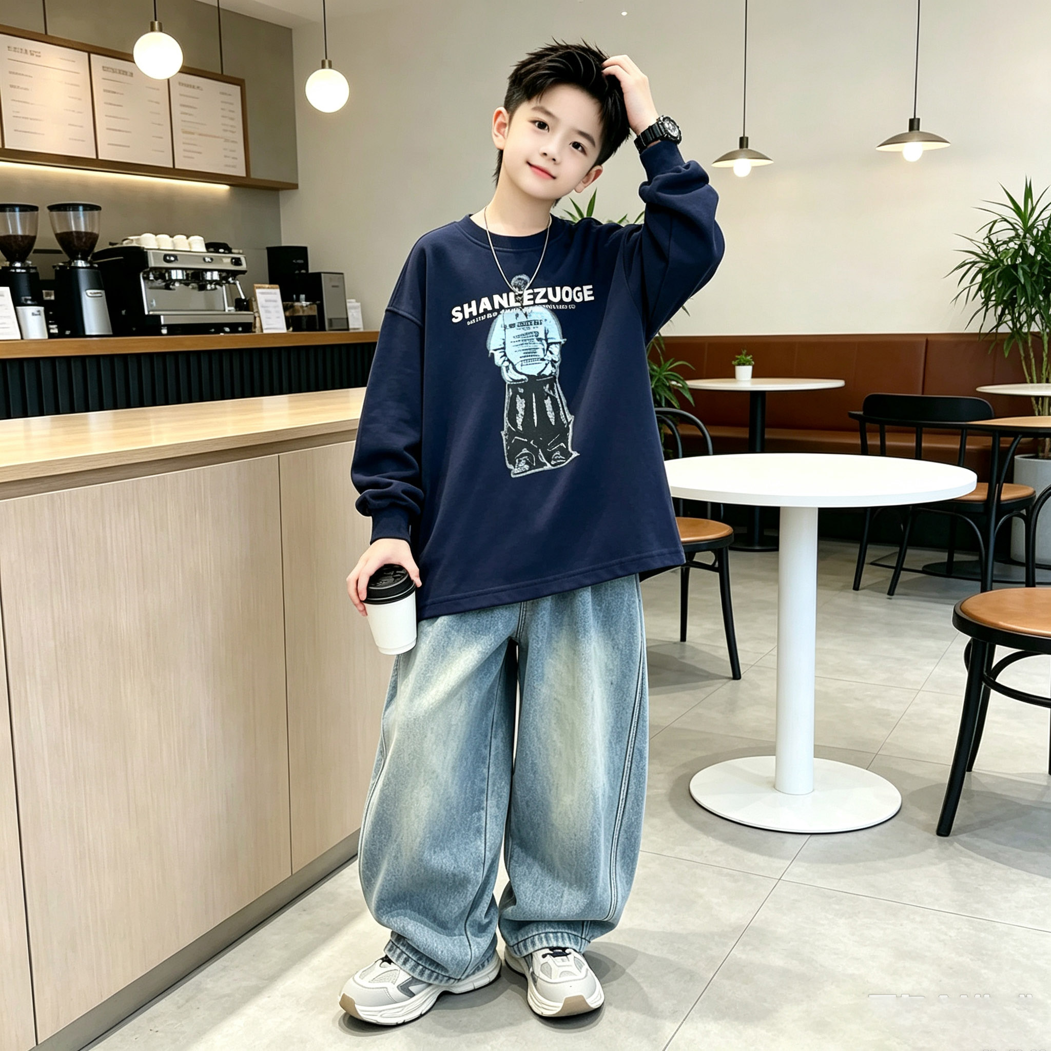 男童卡通印花两件套春秋宽松百搭休闲套装儿童长袖上衣牛仔长裤新