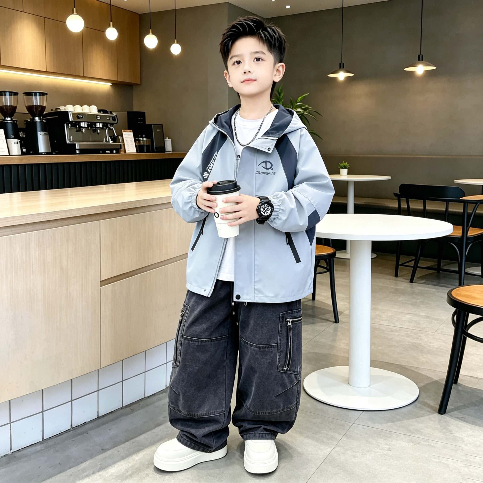 男童春秋连帽外套牛仔裤套装中大童潮风帅气休闲两件套潮拼色风衣