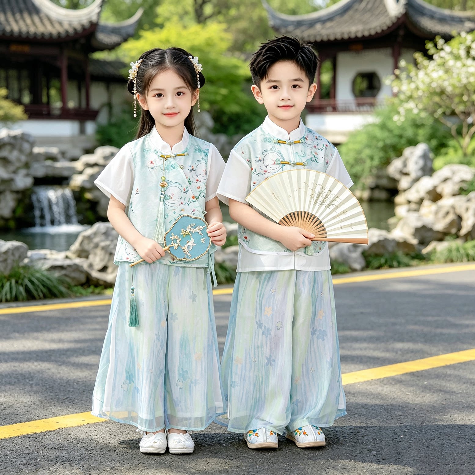 儿童古风汉服套装男女童夏季中国风唐装两件套演出服新潮短袖透气图片