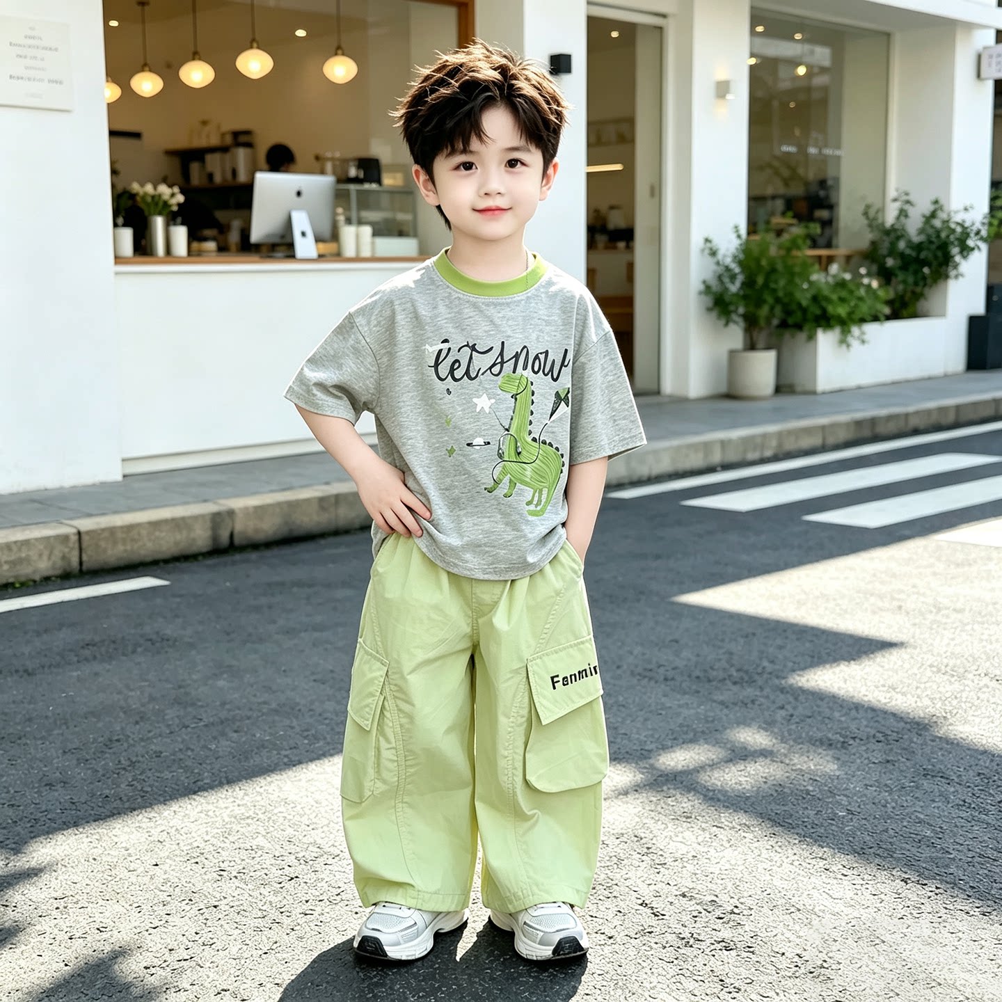 夏季男童恐龙T恤休闲两件套儿童时尚卡通风潮酷短袖长裤透气套装