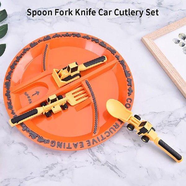 3Pcs Creative Kids Dining Tool Set PP Spoon Fork Knife Car0