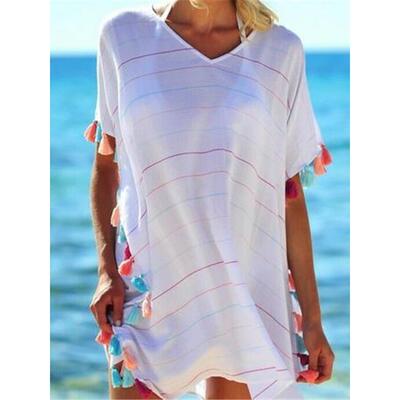 Women Tassel Dress Summer V Neck Ladies Blouse Shirt Swimmin