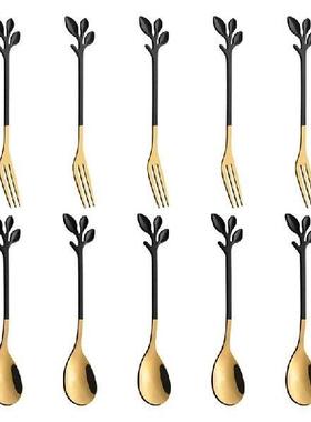 5 Spoon+5 Forks Stainless Steel Leaf Coffee Cake Spoon Fork
