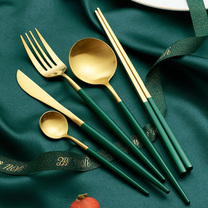Premium 304 Steel Cutlery Set Matte Green Gold Utensils