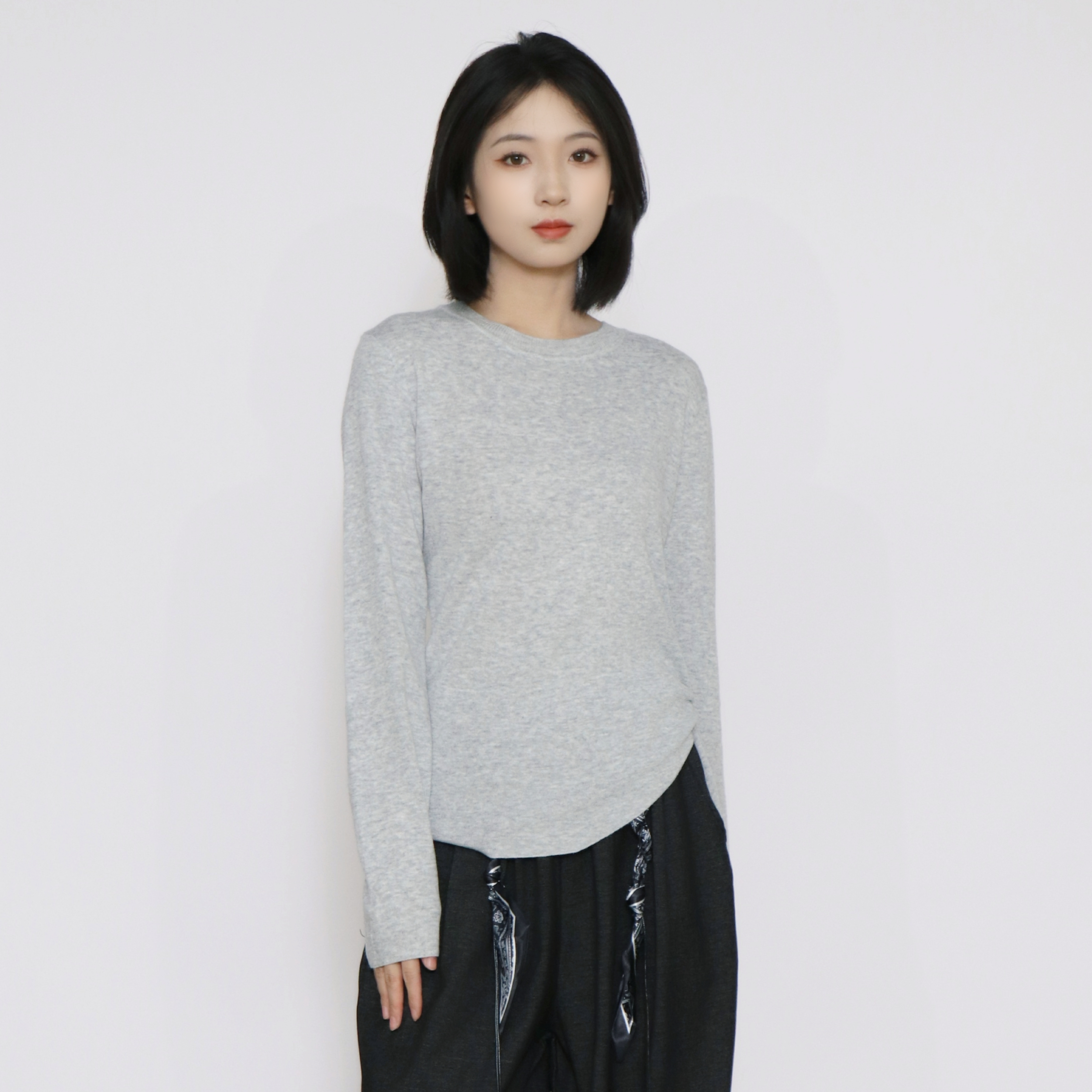 PATAVINITY斜下摆绑带设计感不规则T恤女秋季长袖圆领打底衫上衣