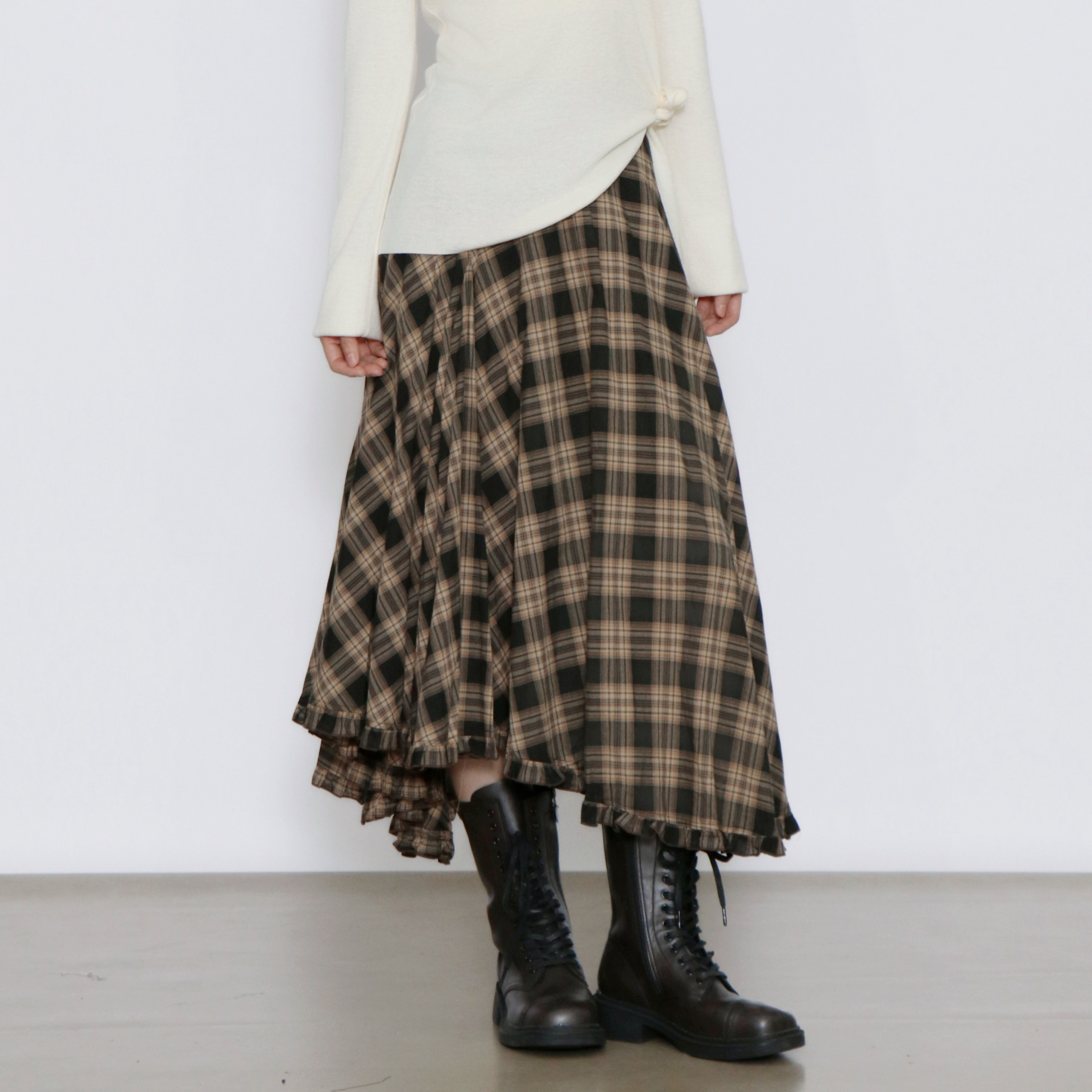 PATAVINITY摩登格纹不规则半身裙女秋季优雅设计纯棉花苞裙a字裙