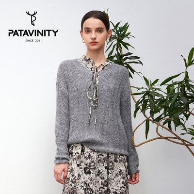 PATAVINITY格雷系慵懒纹理感毛衣女士春秋灰色宽松V领套头针织衫