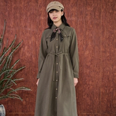 PATAVINITY法式 裙子 衬衫 气质丝巾装 饰连衣裙女秋冬收腰显瘦中长款