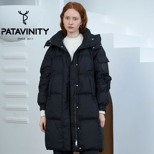 PATAVINITY中长款白鸭绒羽绒服女士冬季通勤简约连帽保暖外套大衣