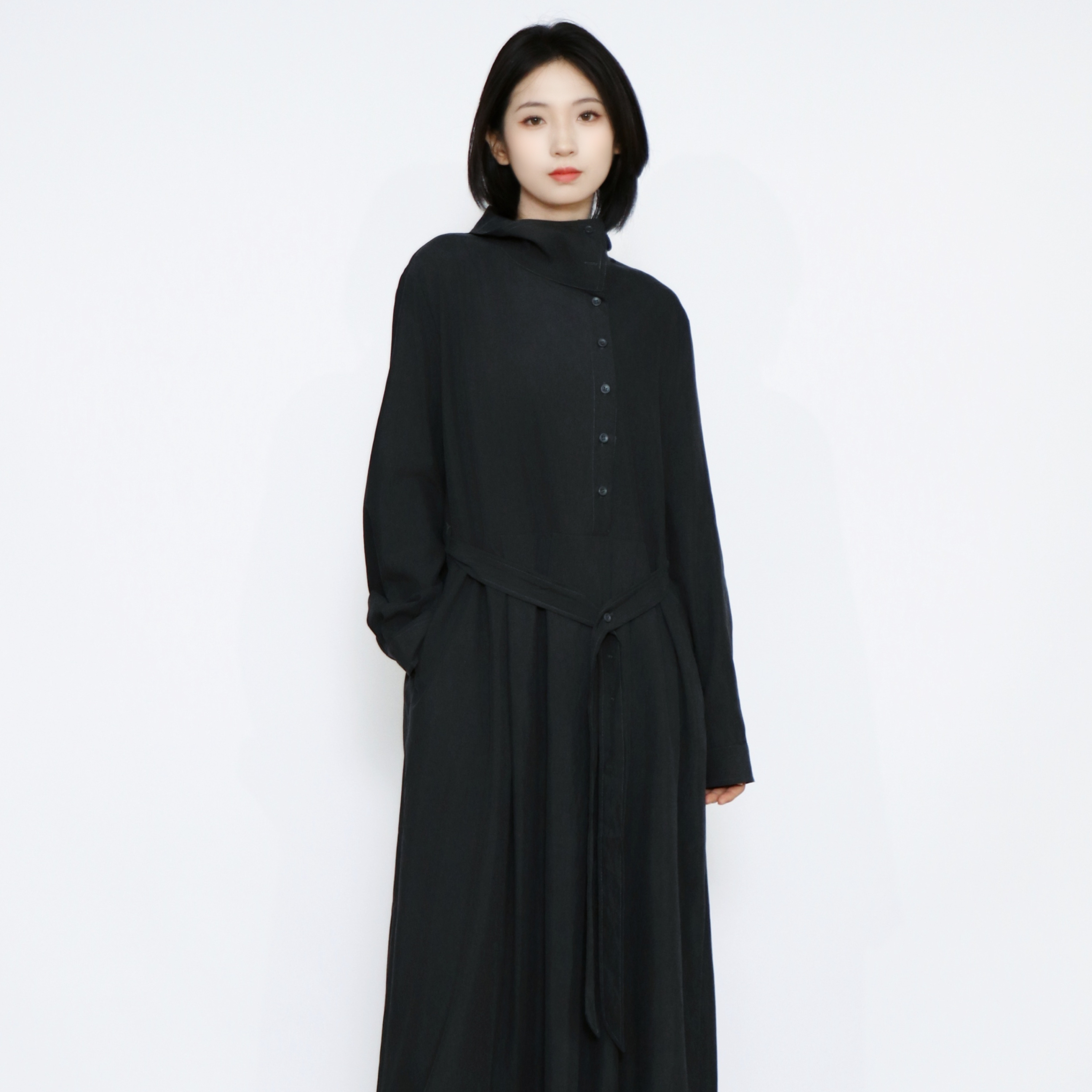 PATAVINITY设计感绑带风衣裙子女秋季不规则翻立领收腰气质连衣裙