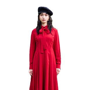 PATAVINITY红色蝴蝶结礼服气质修身中长款连衣裙女秋冬显瘦法式裙