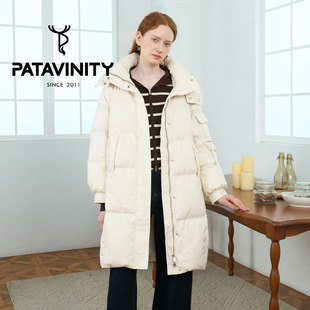 PATAVINITY中长款立领连帽羽绒服女士冬季通勤保暖面包服防风外套