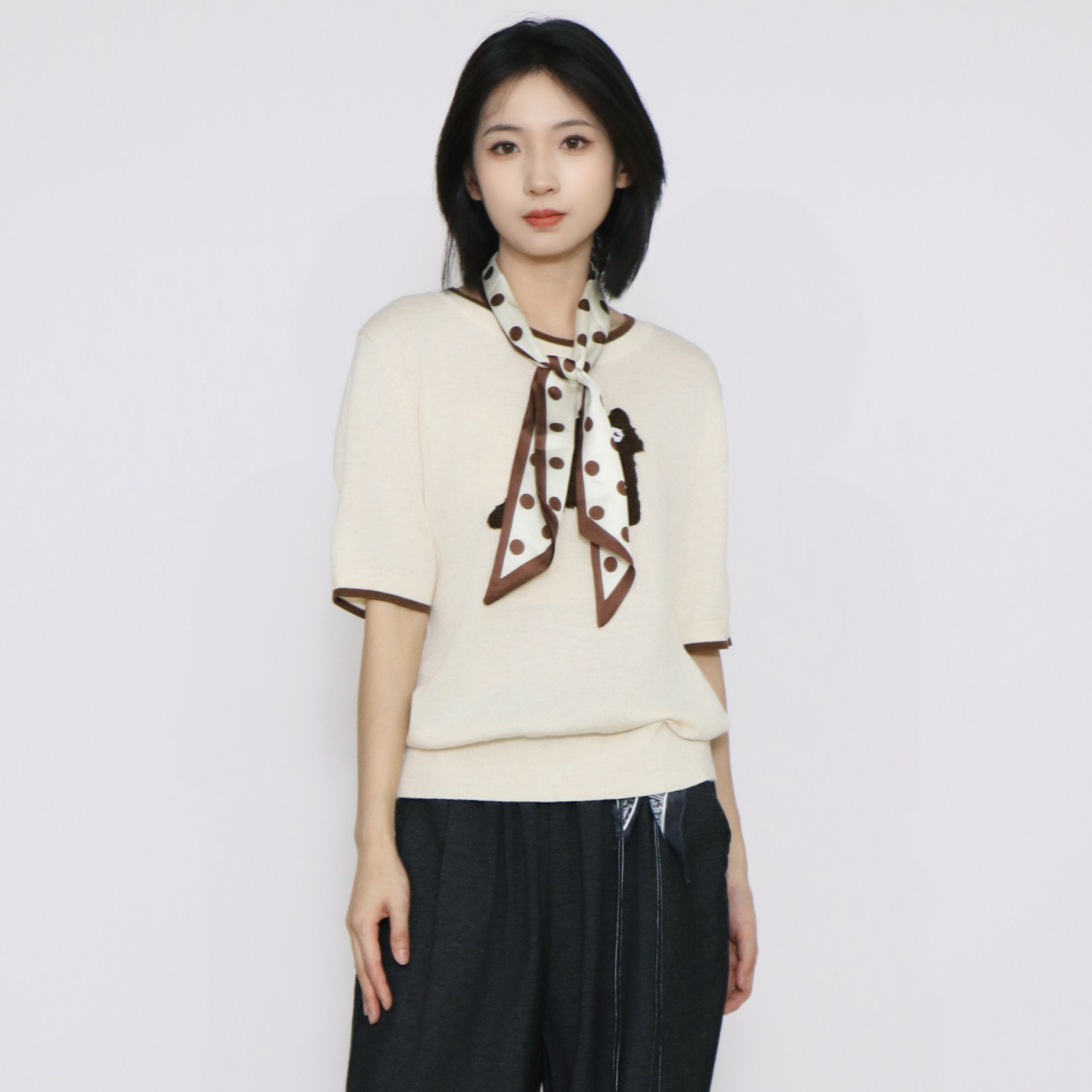 PATAVINITY宽松显瘦短袖针织衫女秋季猫咪印花甜美减龄软糯上衣