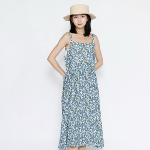 PATAVINITY復古小清新彈力肩帶碎花裙女夏季 植物系印花吊帶連衣裙