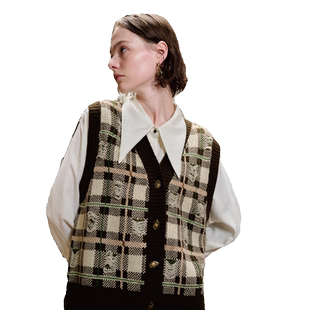 PATAVINITY复古格纹V领无袖针织衫女春秋叠穿外搭坎肩马甲开衫
