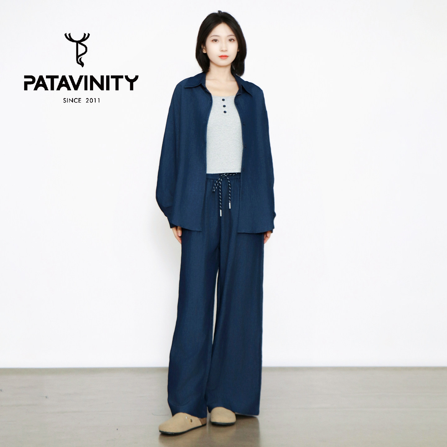 PATAVINITY牛仔衬衫背心女秋季套装叠穿小众设计感阔腿裤三件套