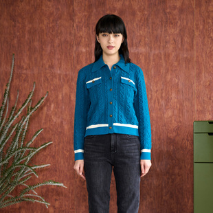 內(nèi)搭打底衫 女秋冬小香風(fēng)氣質(zhì)修身 PATAVINITY撞色翻領(lǐng)肌理針織開衫