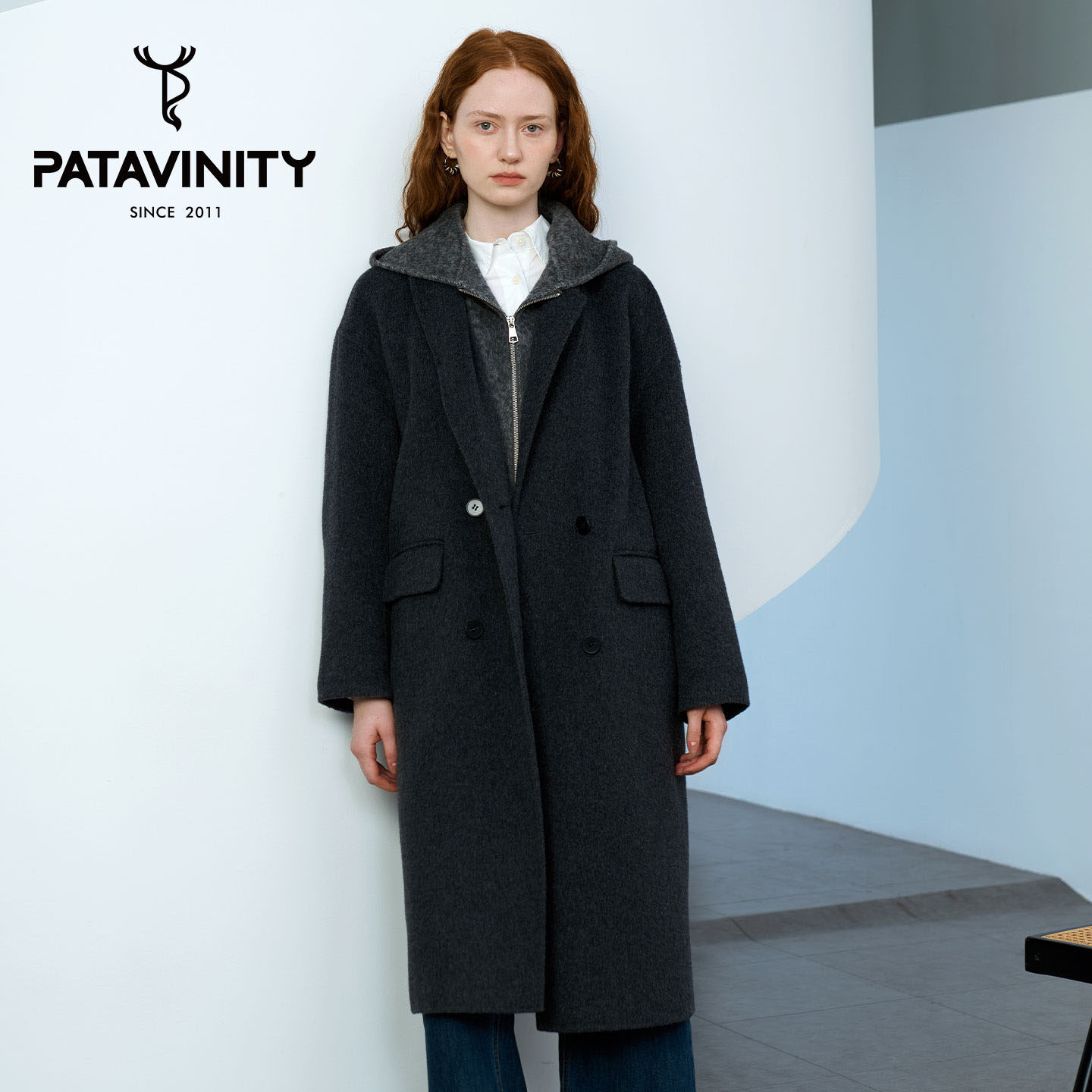 PATAVINITY可拆卸连帽撞色拼接中长款毛呢大衣女双面羊绒羊毛外套