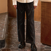 PATAVINITY美式 子 直筒裤 复古黑色牛仔裤 女春秋泼墨宽松阔腿长裤