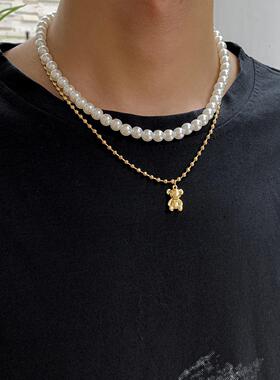 Creative Double Layer Pearl Bear Necklace Man Hip-Hop Simple