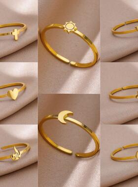 不锈钢女戒 可调节戒指设计 简约珠宝配饰 天然锆石时尚戒饰