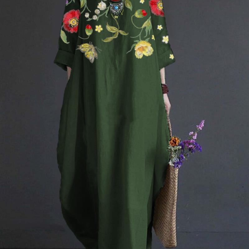Feminine Long Dress Round Neck Retro Print Art Dress with 3/