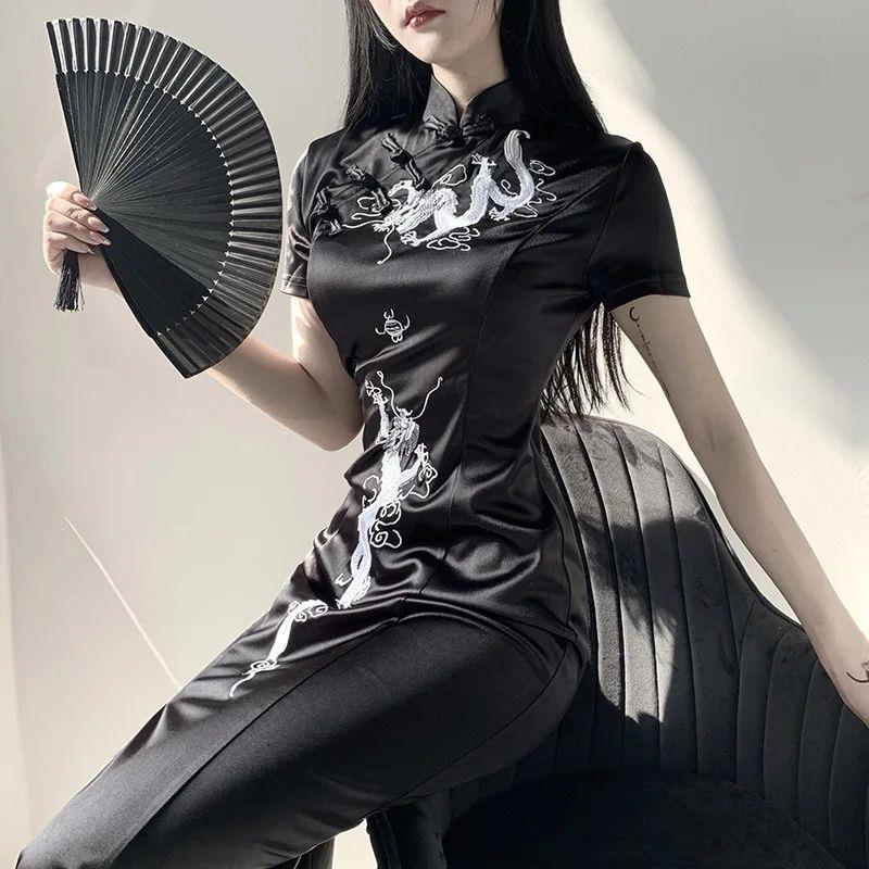 Chinese Stand Collar Gothic Dress Emboridery Dragon Qipao Bl