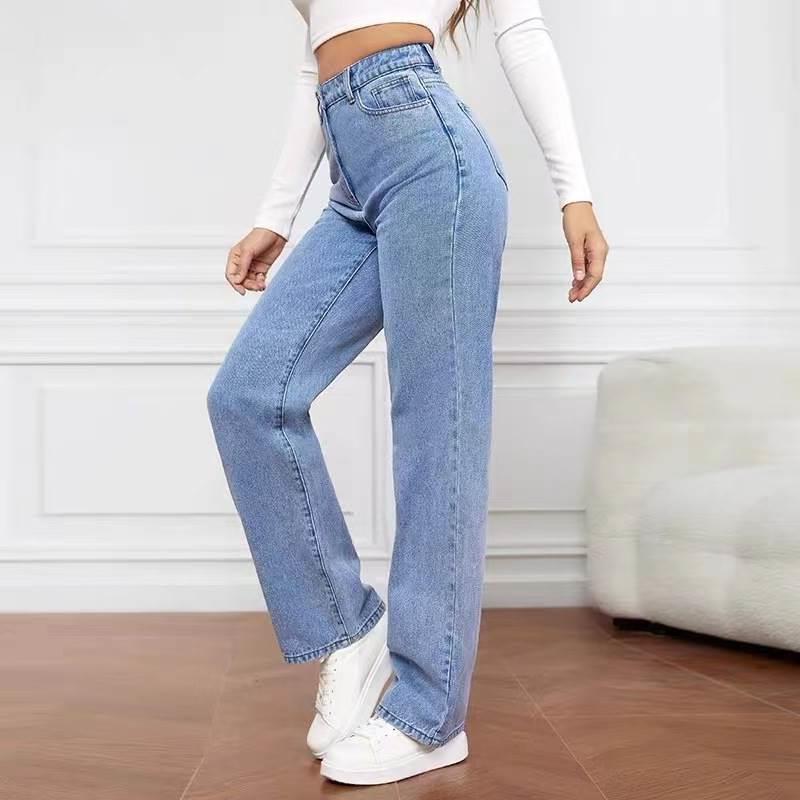 Washed denim fashion straight pants jeans for women