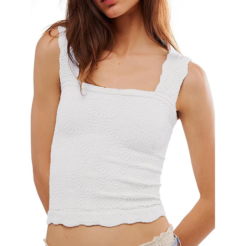 Women's Square Neck Wide Strap Crop Tank Tops Flower提花