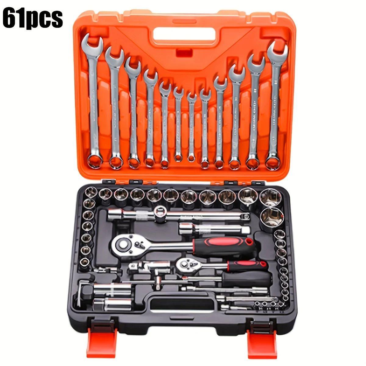 61pcs Socket Set,1/2 1/4 3/8inch Ratchet Wrench Set with Met