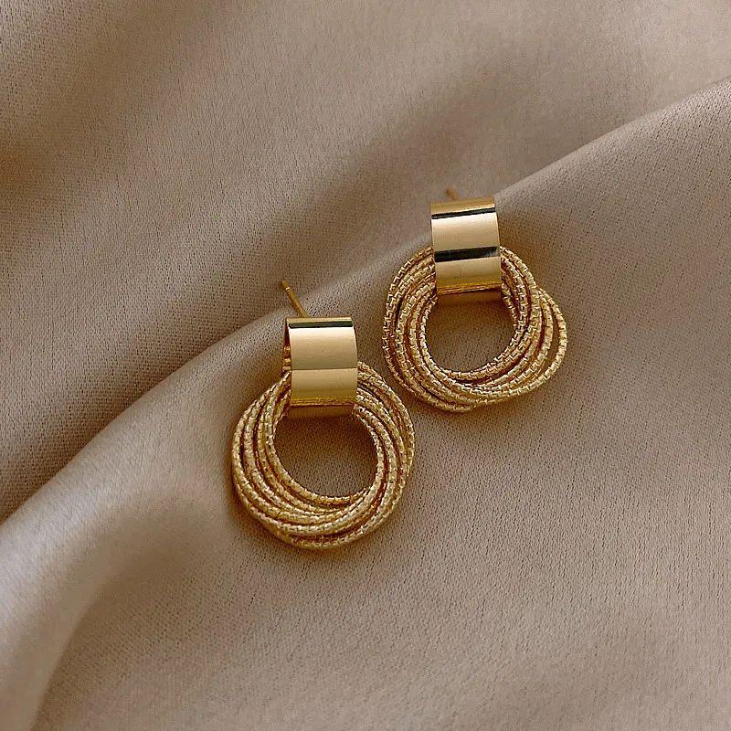 Retro Metal Gold Color Multiple Small Circle Stud Earrings f